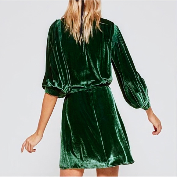 Reformation Starry Green Velvet Long Sleeve Mini Wrap Dress Small - Picture 2 of 6